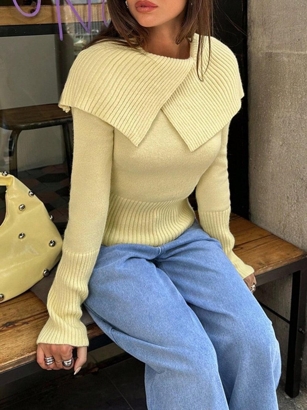 Yellow Casual Women's Asymmetrical Rib-Knit Slim Fit Long Sleeve Pullovers